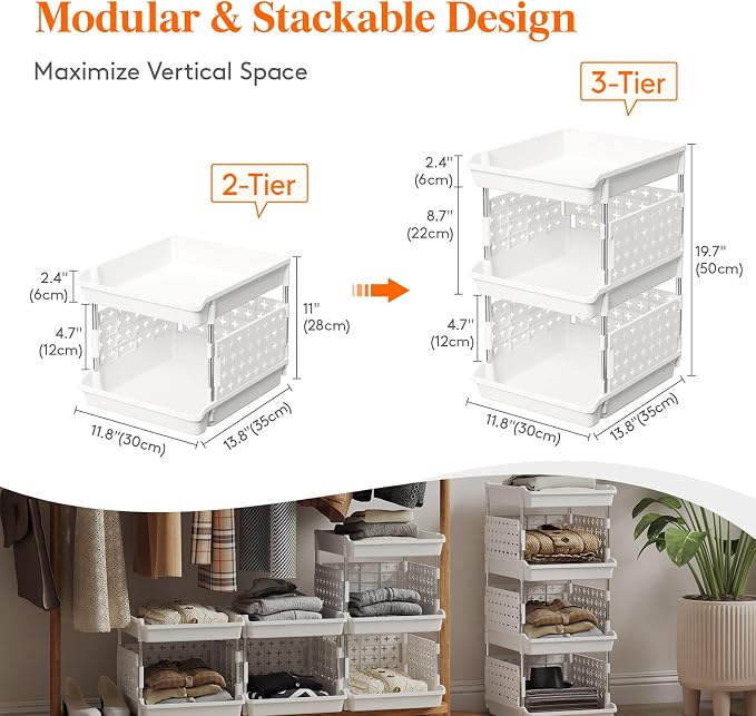 Lifewit 3 Tier Plastic Stackable Storage Baskets - Image 4