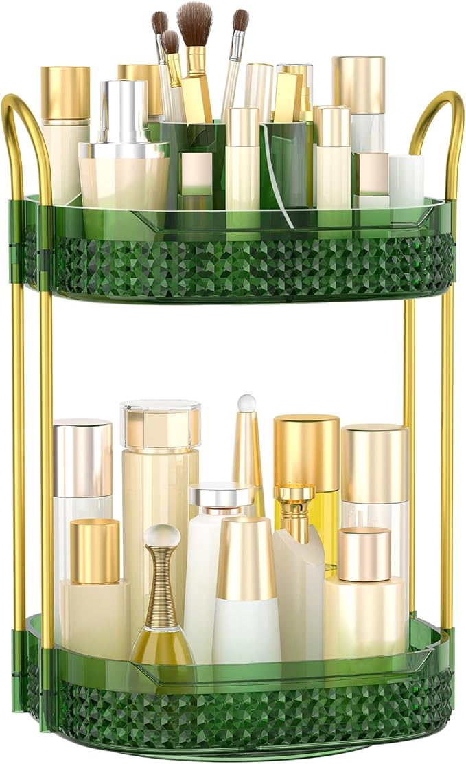 360° Rotating Makeup Organizer 2 Tier, Large Skincare Clear Make Up Storage by BOCONY