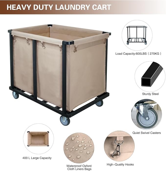 Commercial Laundry Cart with Wheels, 400L Large Laundry Cart | 600 lbs - Image 4
