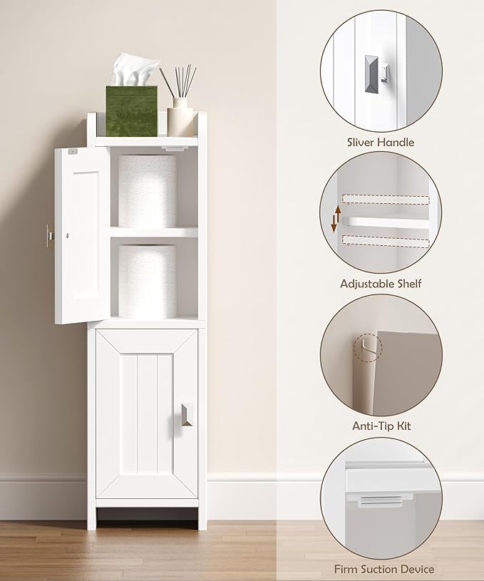 Akxomel Small Bathroom Cabinet Narrow Toilet Paper Organizer White | 7.9''D x - Image 5