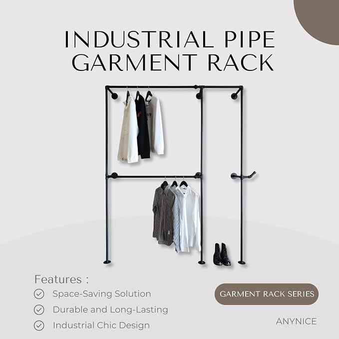Industrial Pipe Clothing Rack, Heavy Duty Wall Mounted Clothes Rack, Retail - Image 2