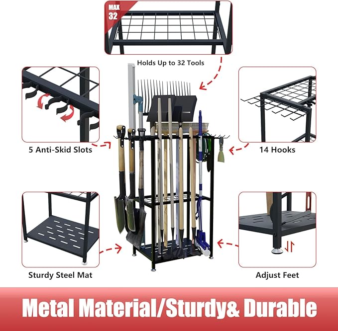 Garden Tool Organizer, 3-Tier Metal Yard Tool Rack - Image 4