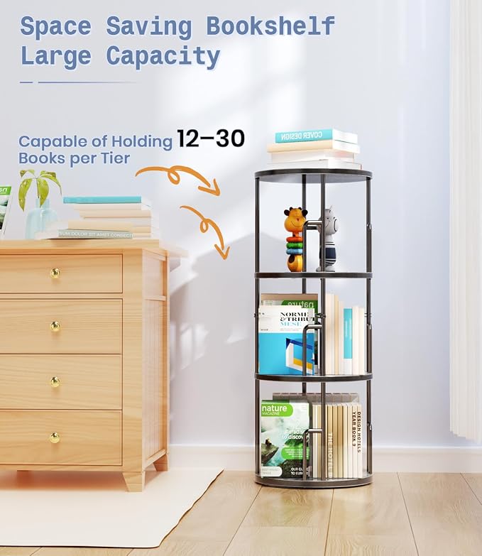3 Tier Rotating Bookshelf Tower Round Black, 37”Floor Standing Spinning - Image 8