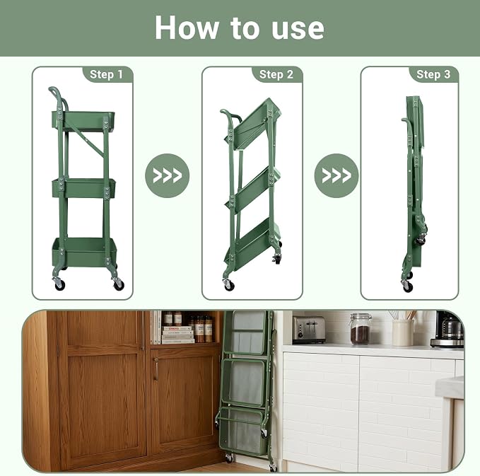 Amatic 3-Tier Folding Rolling Utility Cart - Image 3