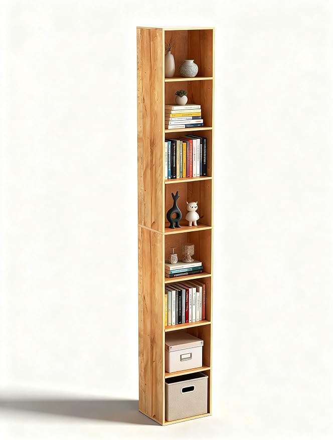 8-Cube Storage Organizer Bookcase, Oak Tall Narrow Bookshelf, Freestanding Open by NewBeth