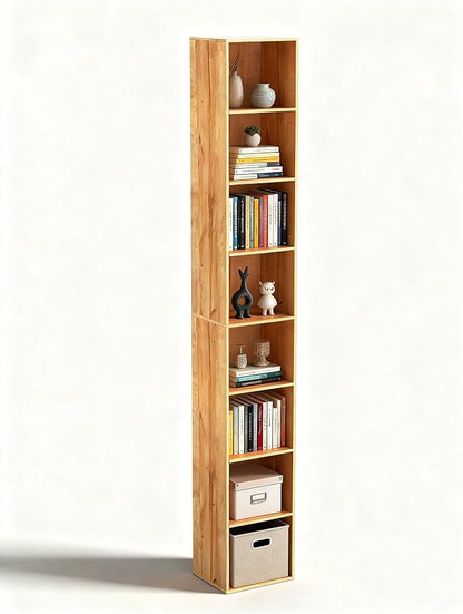 8-Cube Storage Organizer Bookcase, Oak Tall Narrow Bookshelf, Freestanding Open by NewBeth