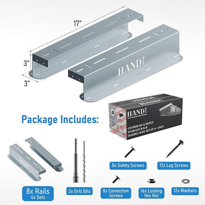 HANDT Overhead Garage Storage Rack, Connectable Heavy Duty Metal Ceiling Rails - Image 4