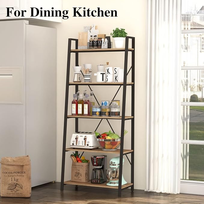 BON AUGURE Industrial 5 Tier Ladder Bookshelf, Wood and Metal Ladder Shelf - Image 8