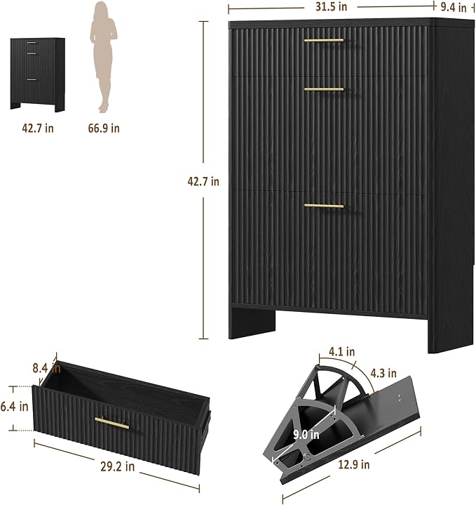 Fluted Shoe Storage Cabinet for Entryway, Narrow Wooden Shoe Cabinet - Image 2