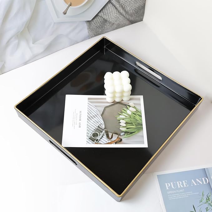 Spsyrine Black Decorative Tray for Living Room, Square Modern Plastic Coffee - Image 2
