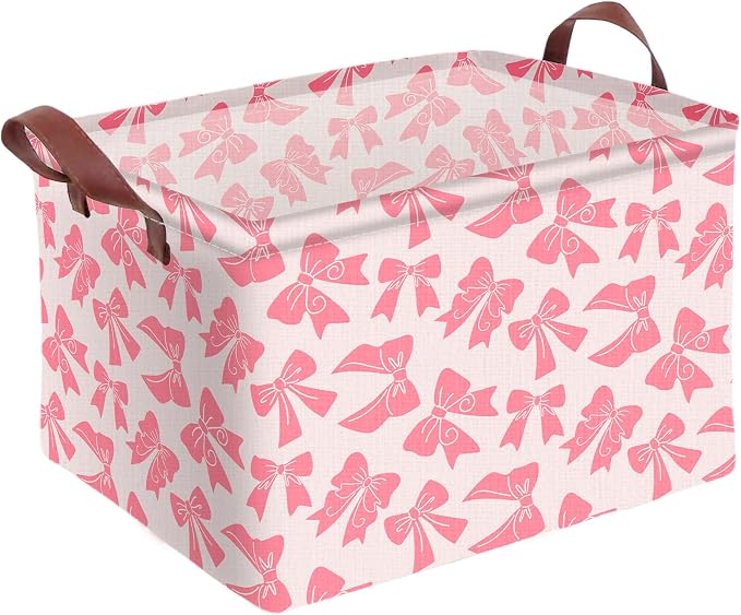Pink Bow Storage Basket Waterproof Canvas Toy Storage Bin Bow Room Decor by AmazerPad