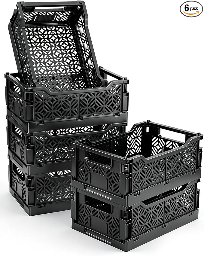 6-Pack Collapsible Plastic Storage Baskets, Stackable Bins by AREYZIN