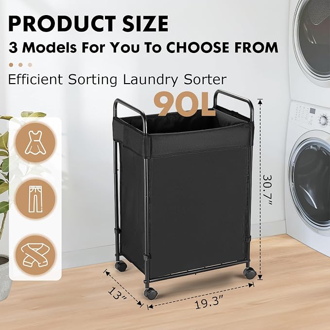 90L Laundry Hamper with Wheels, Rolling Laundry Sorter cart with Metal Frame - Image 2