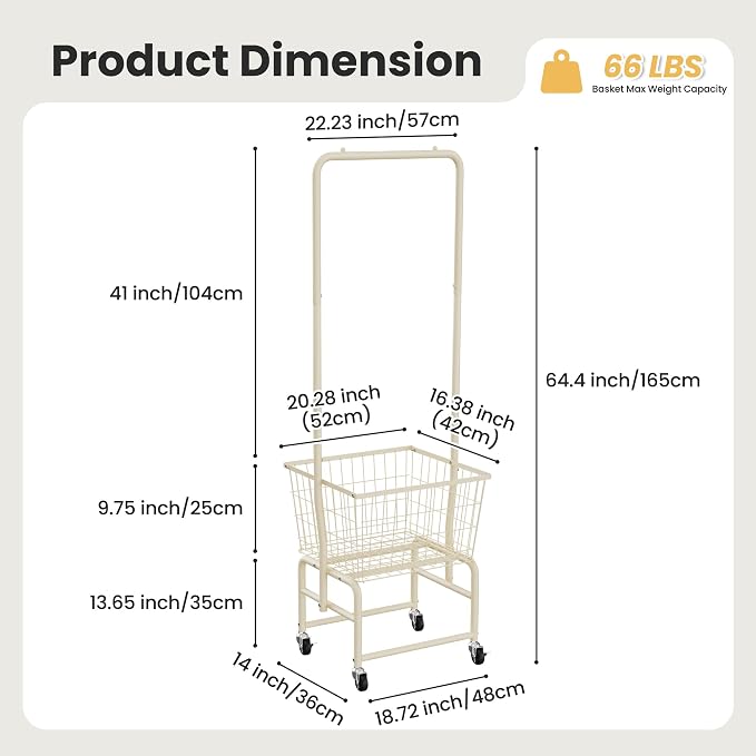 Rolling Laundry Cart with Wheels, Laundry Hamper Basket Organizer with Clothes - Image 3