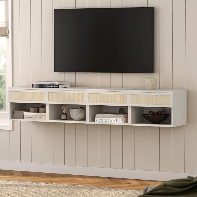 Rattan Floating Nightstands Set of 4, Wall Mounted End Table by MoomJiee