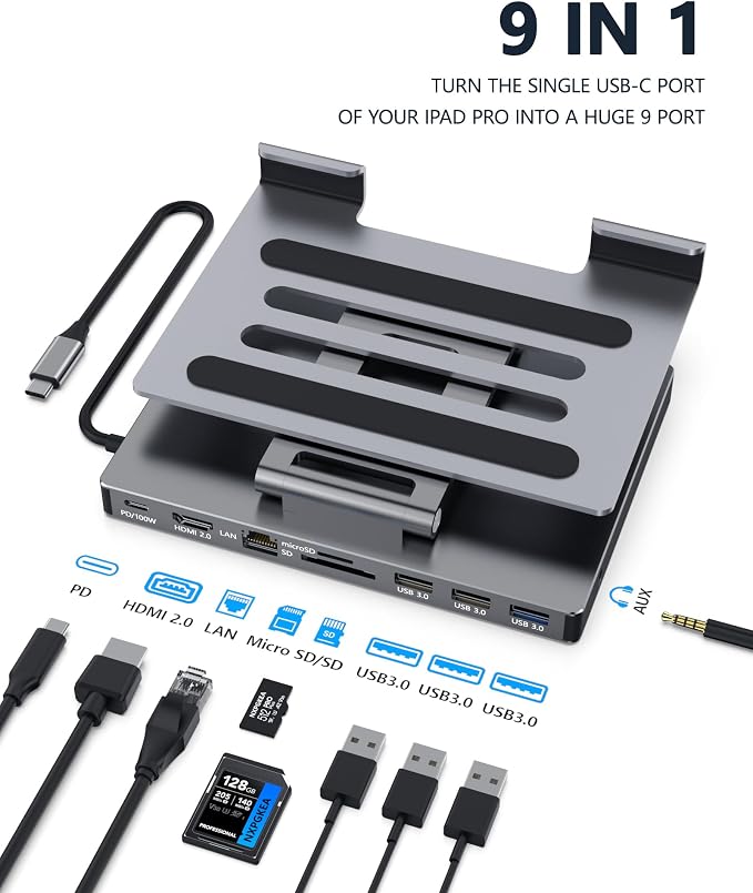 iPad USB C Hub Stand, 9-in-1 Multiport Adapter - Image 2