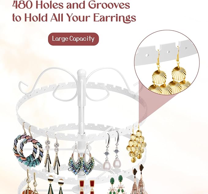 MODOWEY 6 Tier Rotating Earring Holder Organizer Stand, Adjustable Metal - Image 3