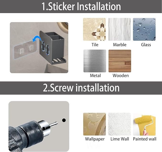 Grey Wall-Mounted Toothbrush Holder, Aluminum Material Shower Shaver Storage - Image 4
