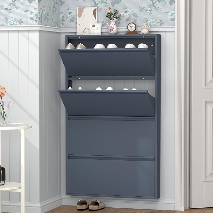 GREATMEET Shoe Cabinet with 4 Flip Drawers, Slim Metal Shoe Cabinet Storage - Image 3