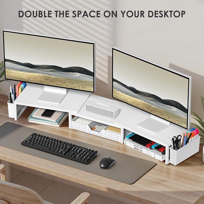 OPNICE White Dual Monitor Stand Riser, Metal Desk Organizers and Accessories - Image 4