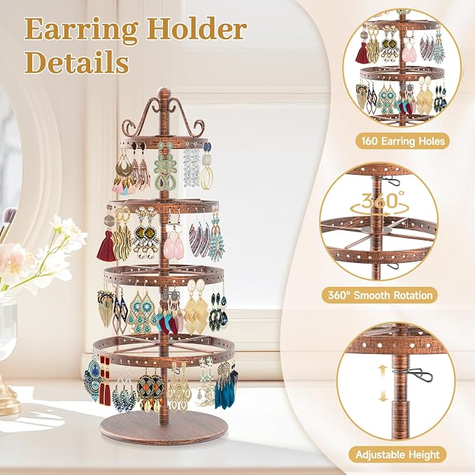 MODOWEY Rotating Earring Holder Organizer Stand, 4 Tier Adjustable Metal - Image 4