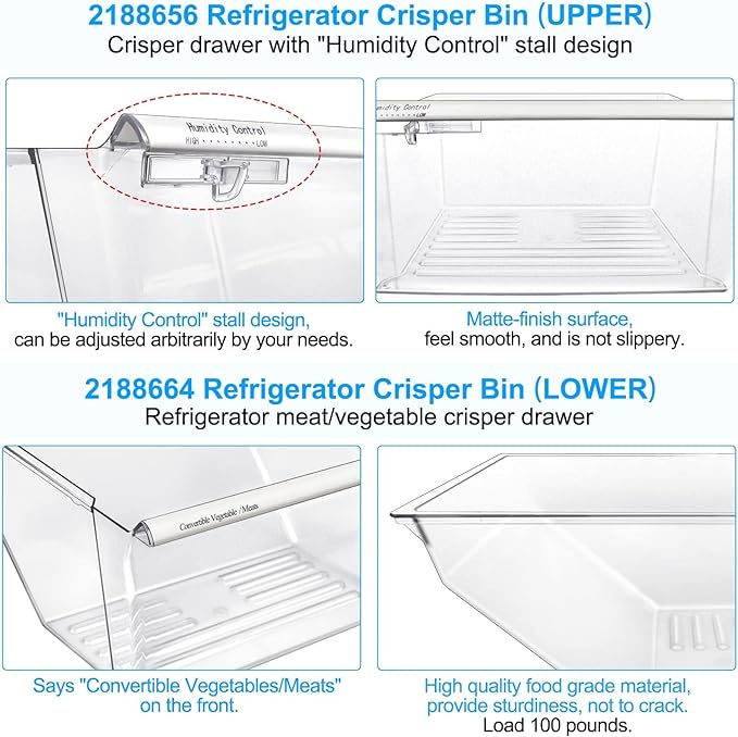 Upgraded 2188656 Fridge Crisper Drawer Humidity Control Drawer UPPER & 2188664 - Image 2