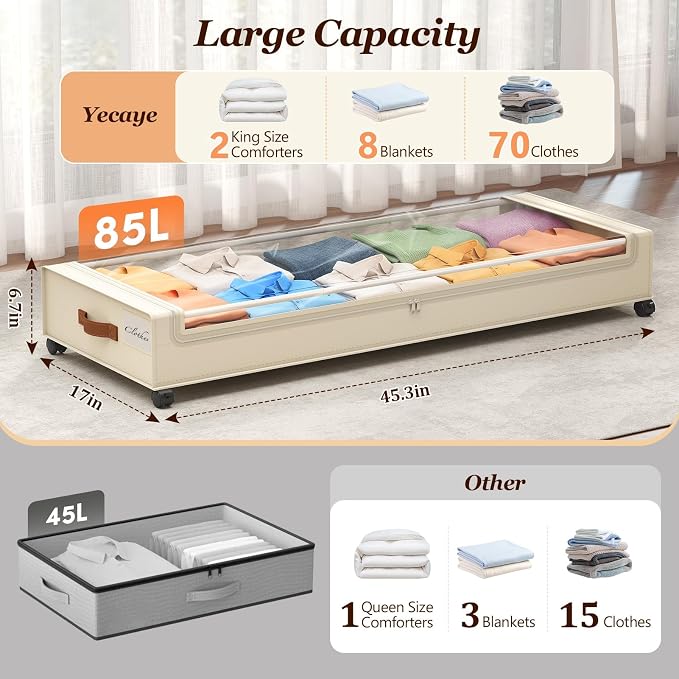 Yecaye Under Bed Storage with Wheels 2 Pack, 85 L Extra Large Under Bed Storage - Image 2