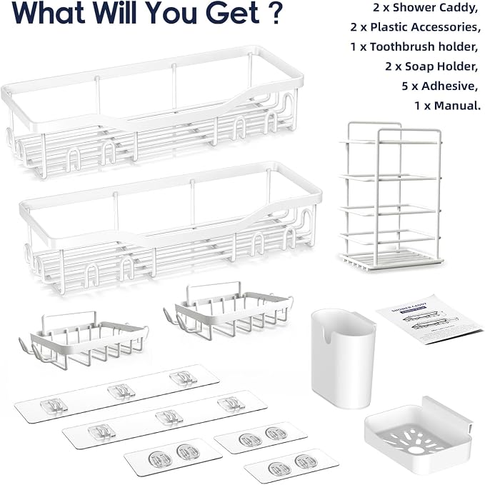 Shower Caddy Adhesive Shower Organizer 7-Pack, Rustproof Stainless Steel - Image 7