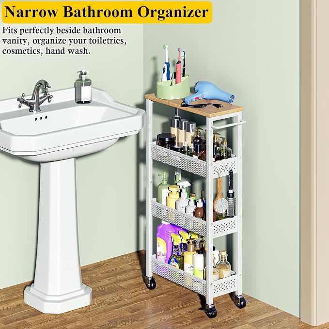Utility Slim Storage Cart, 4 Tier Small Rolling Kitchen Laundry Room Cart - Image 3