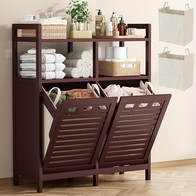Homykic Tilt Out Laundry Hamper Cabinet, Bamboo Double Laundry Hamper by Homykic