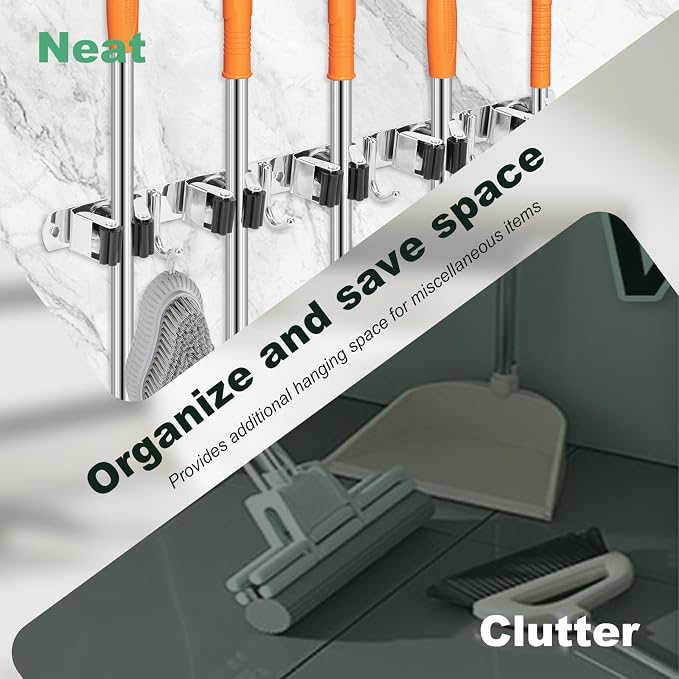 5 Pack Broom Holder Wall Mount 5 Racks 4 Hooks Stainless Steel Broom Mop Holder - Image 5