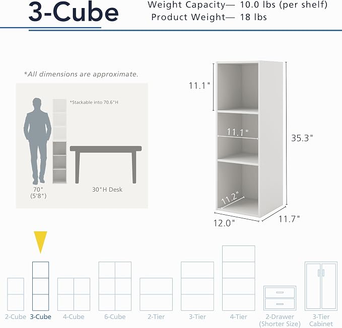 Homes: Inside + Out Apexa 3-Cube Storage Organizer Shelves, Stackable Wood - Image 3