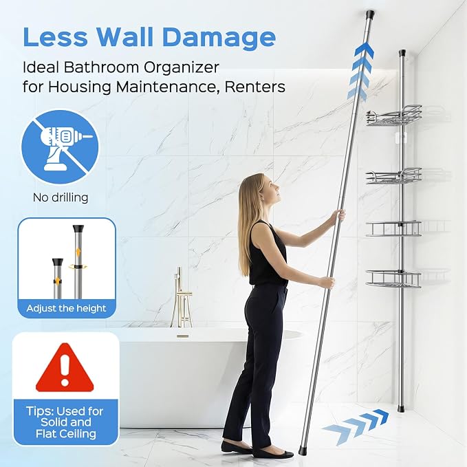 HAMITOR Shower Caddy Corner Tension Pole: 4-Tier Large Capacity Bathroom - Image 3