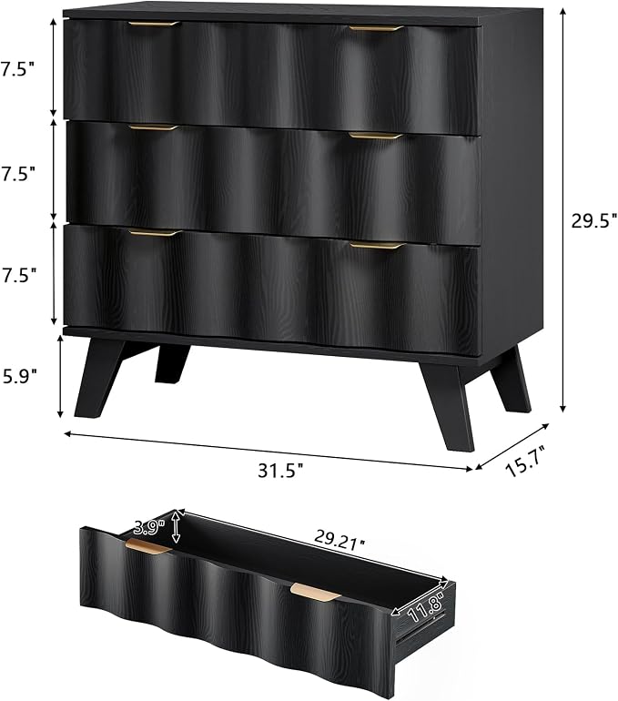 3 Drawer Dresser, Fluted Chest of Drawers - Image 2