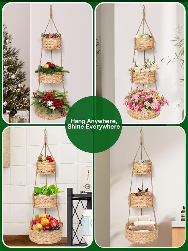 VerdantVibes Woven Wall Hanging Basket – 3-Tier Natural Water-Hyacinth Organizer - Image 3