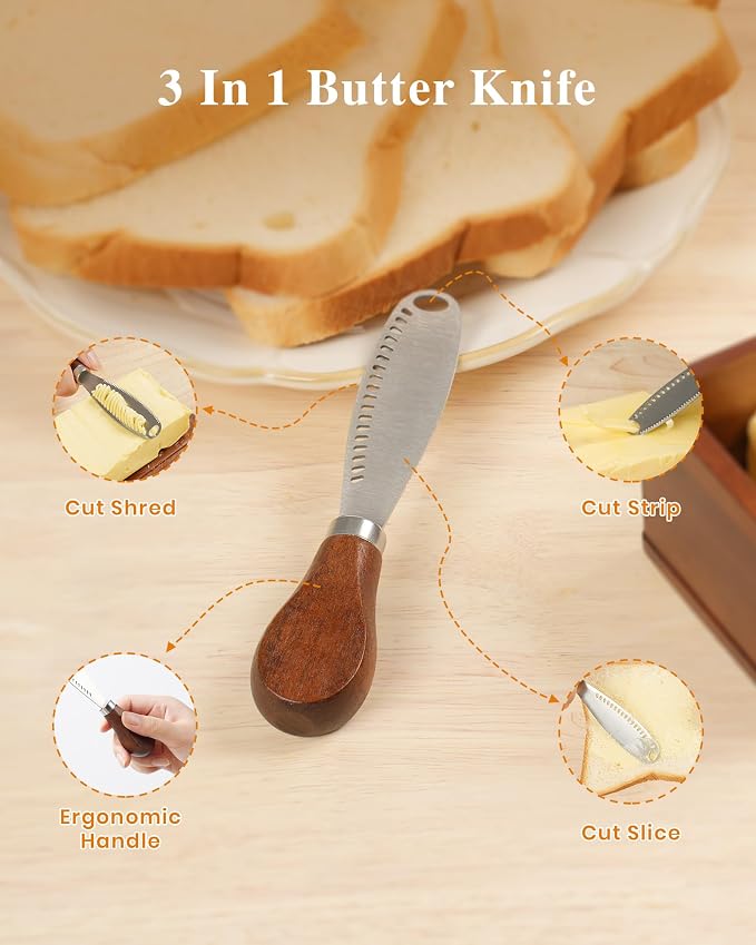 Butter Dish with Magnetic Lid, Acacia Wood Butter Keeper With Knife, Detachable - Image 6