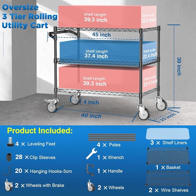 Leteuke 1120LBS Heavy Duty Rolling Utility Cart, 3 Tier Rolling Carts - Image 6