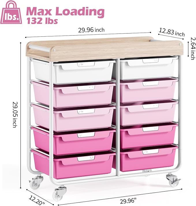 10 Drawers Rolling Cart with Wooden Tabletop, Utility Storage Cart with Wheels - Image 3