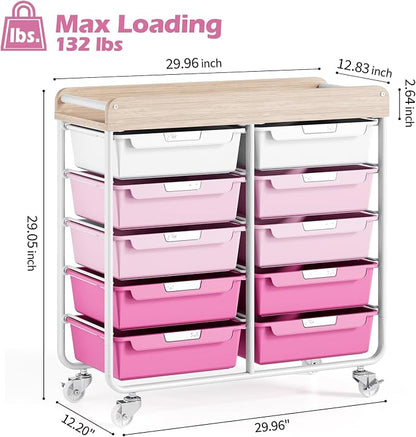 10 Drawers Rolling Cart with Wooden Tabletop, Utility Storage Cart with Wheels - Image 3