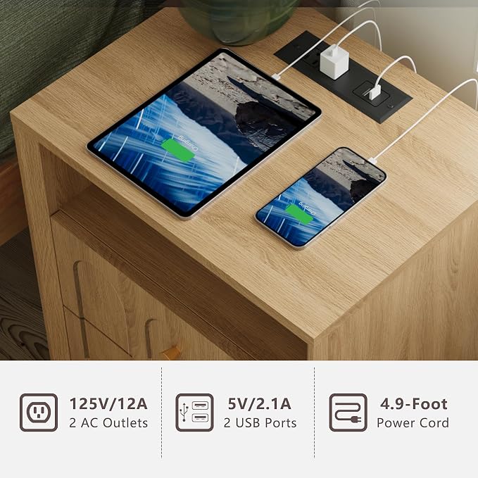 Nightstand with Charging Station, Mid Century Modern Nightstand with Arched - Image 4