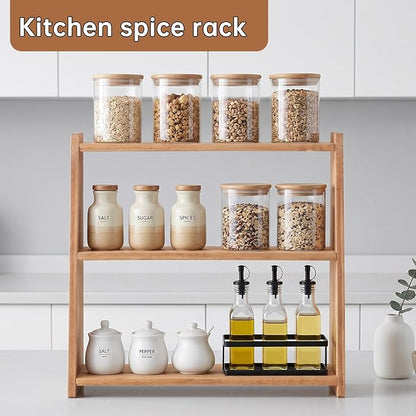 100% Solid Rubber Wood Spice Rack, 3 Tier Freestanding & Wall Mounted Kitchen - Image 2