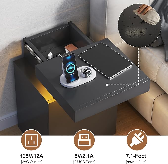 MXV LED Nightstand with Charging Station, Storage Cabinet & Drawers - Image 4