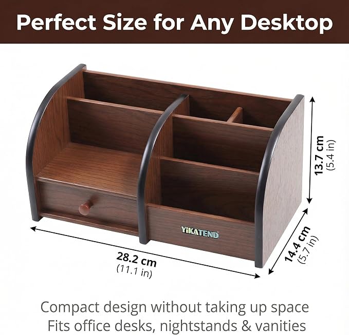 Wooden Desk Organizer with Drawer, Remote Control, Makeup & Accessories - Image 2