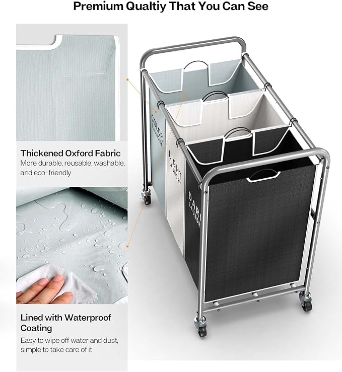 ROMOON Laundry Sorter 4 Section and 3 section, Separated Laundry Hamper Cart - Image 7