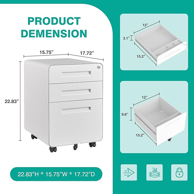 3 Drawer File Cabinet with Lock, Under Desk File Cabinet, Three Drawer Filing - Image 3