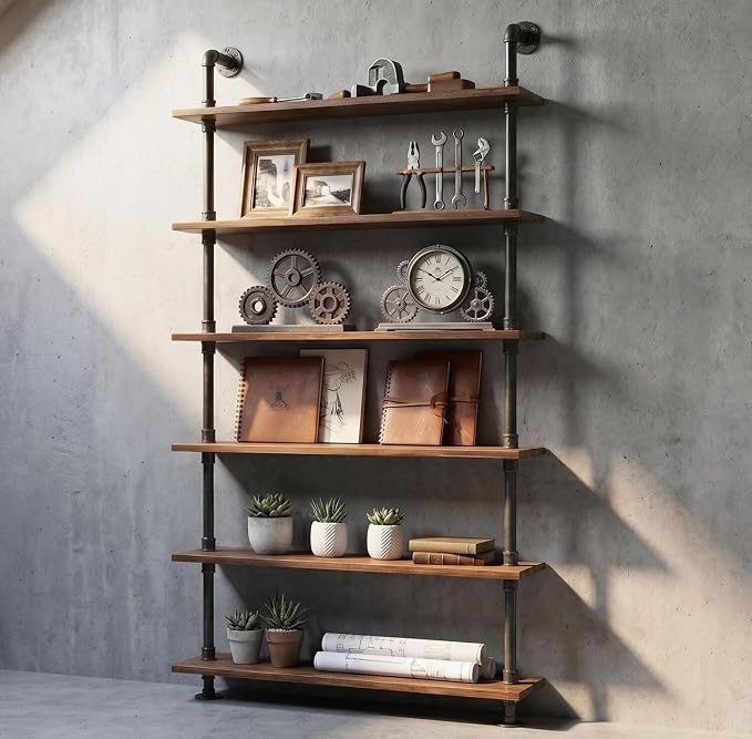 Industrial Pipe Bookshelf, 6 Layer Rustic Modern Wood Ladder Shelf by Diwhy
