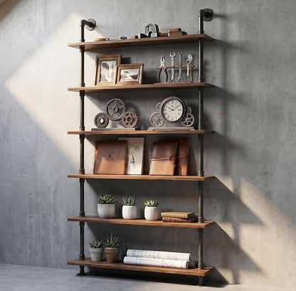 Industrial Pipe Bookshelf, 6 Layer Rustic Modern Wood Ladder Shelf by Diwhy