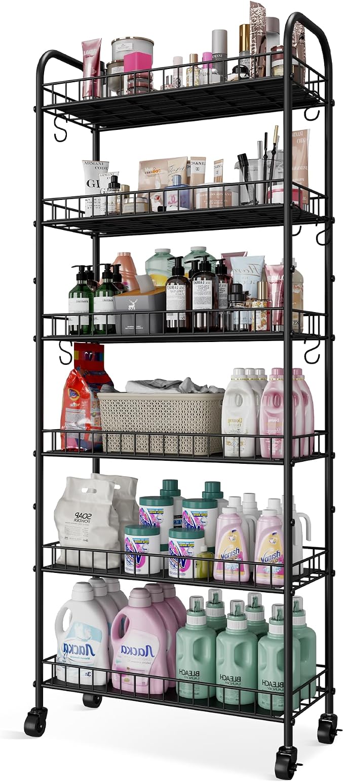 6 Tier Slim Storage Cart with Wheels, Metal Mobile Shelving Unit Organizer - Image 9