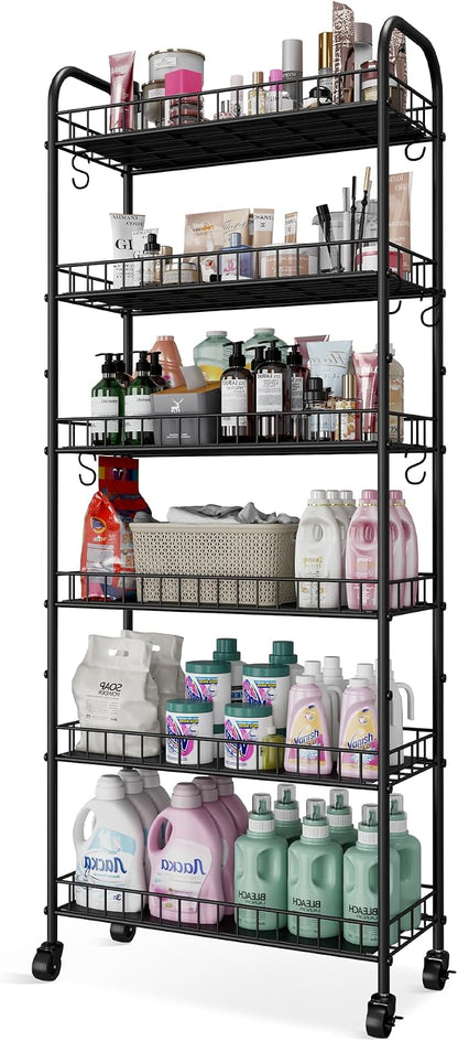 6 Tier Slim Storage Cart with Wheels, Metal Mobile Shelving Unit Organizer - Image 9
