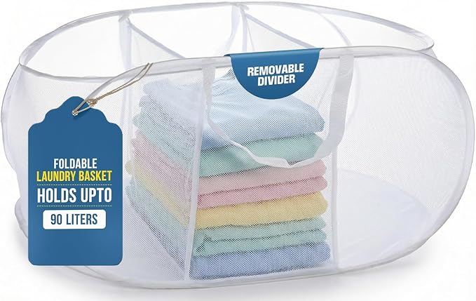 Handy Laundry Collapsible Laundry Basket, 3-Compartment Mesh Laundry Sorter by Handy+Laundry